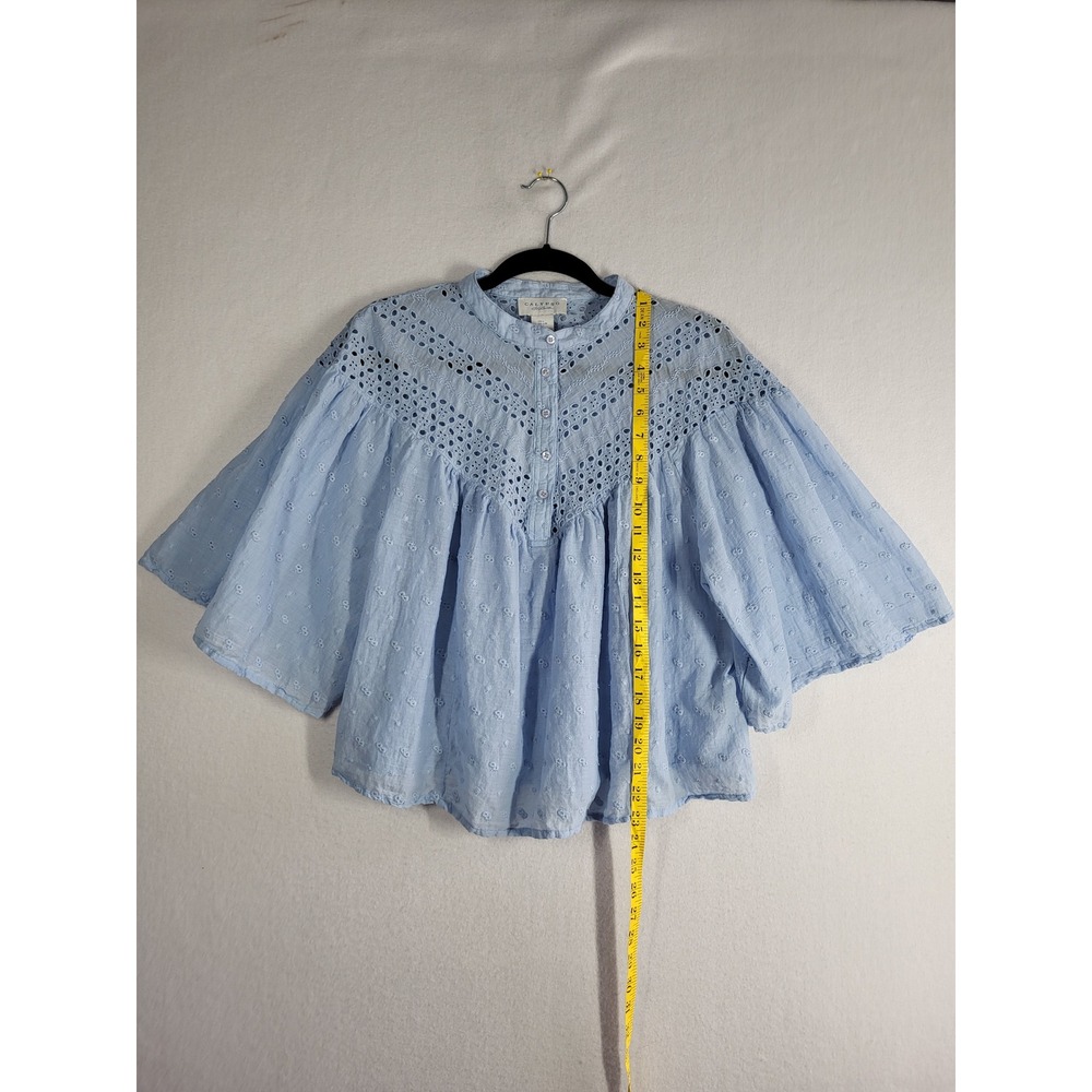 Calypso St Barth Swiss Dot Embroidered Blue Eyelet Lace Cotton Blouse Large Boho - Picture 9 of 13